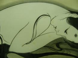 小林ドンゲ　版画　タイトル不明　(仮:横たわる女性と花)